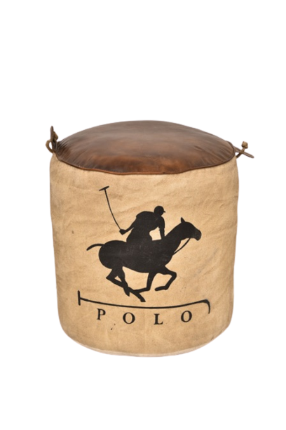 Leather Canvas Pouf with Polo Print